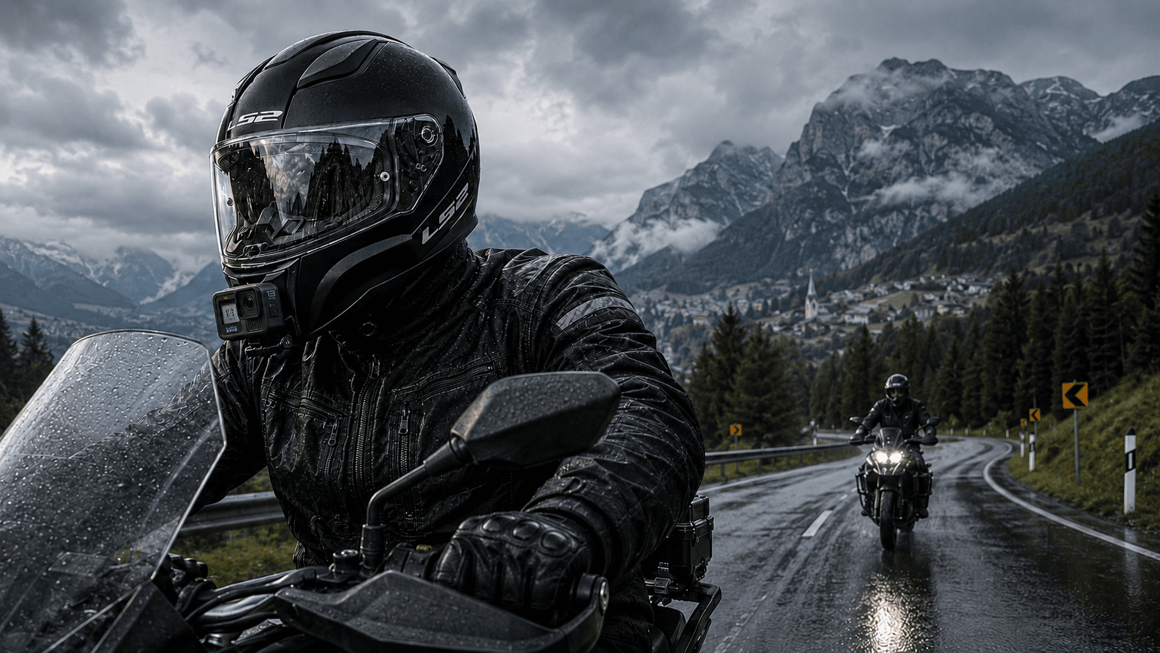 KraftMount rider with LS2 Rapid 2 helmet and GoPro chin mount in the Bavarian Alps